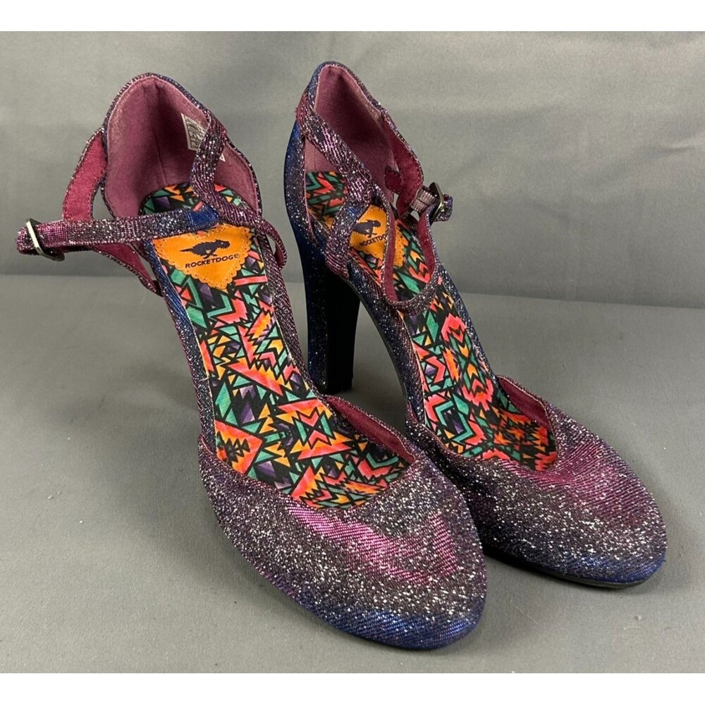 VTG Rocket Dog Y2K Glitter D'Orsay Ankle Strap Pumps Multi Color Heels 9.5M